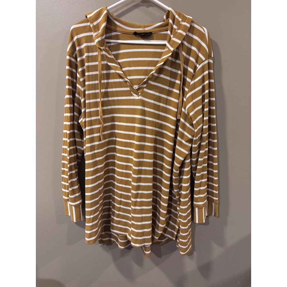 Jane + Delancey Mustard Yellow White Striped Waffle Knit Hoodie Top 2X